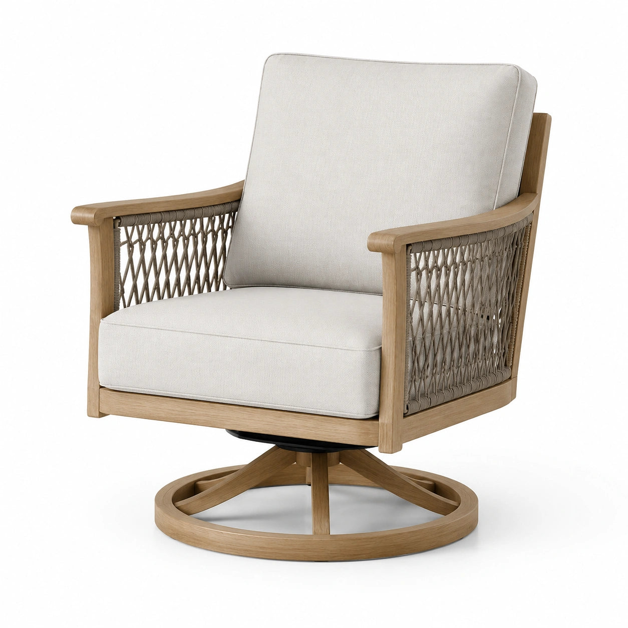 Fauteuil pivotant en bois d'acacia avec coussins en polyester beige