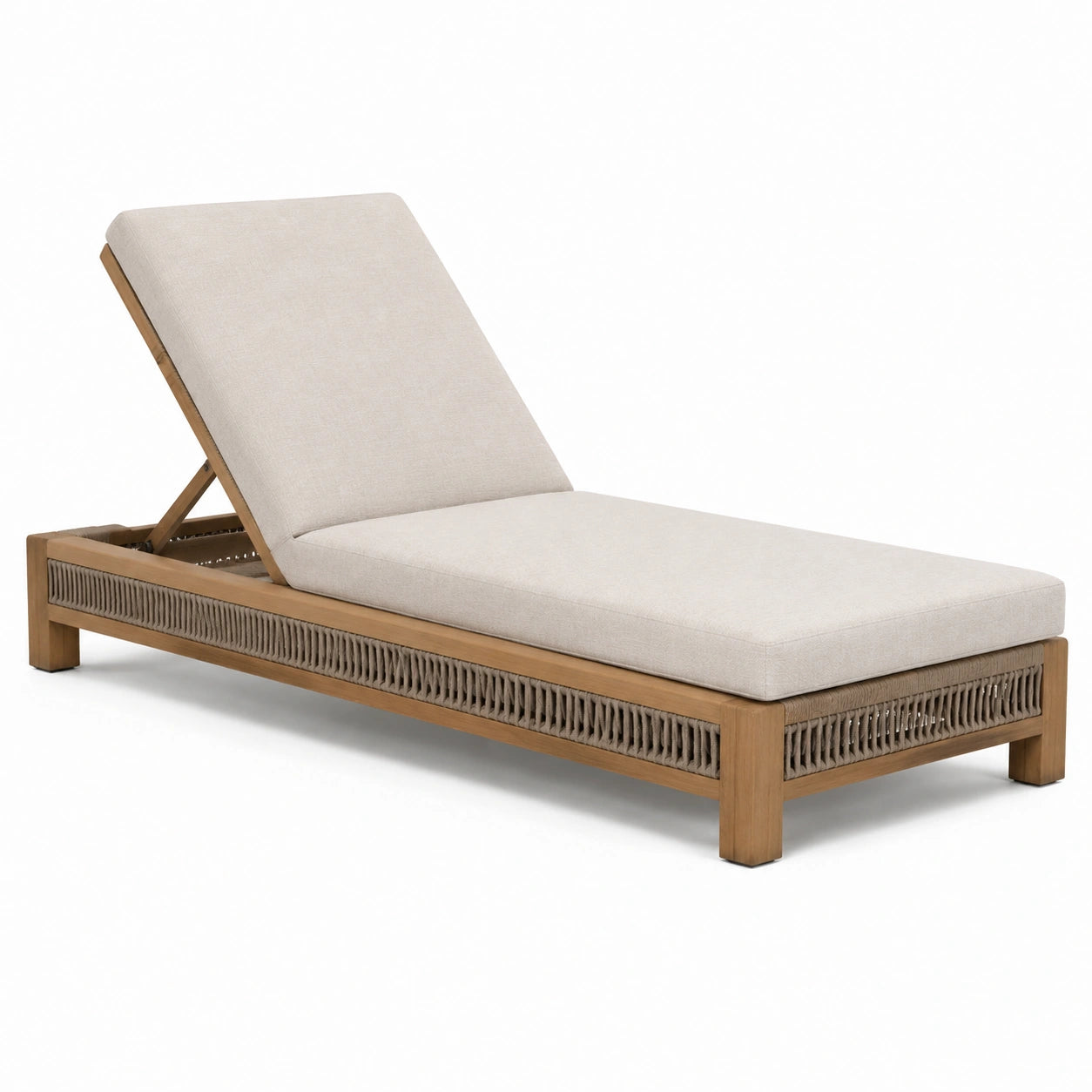 Chaise longue en bois avec coussin en tissu beige