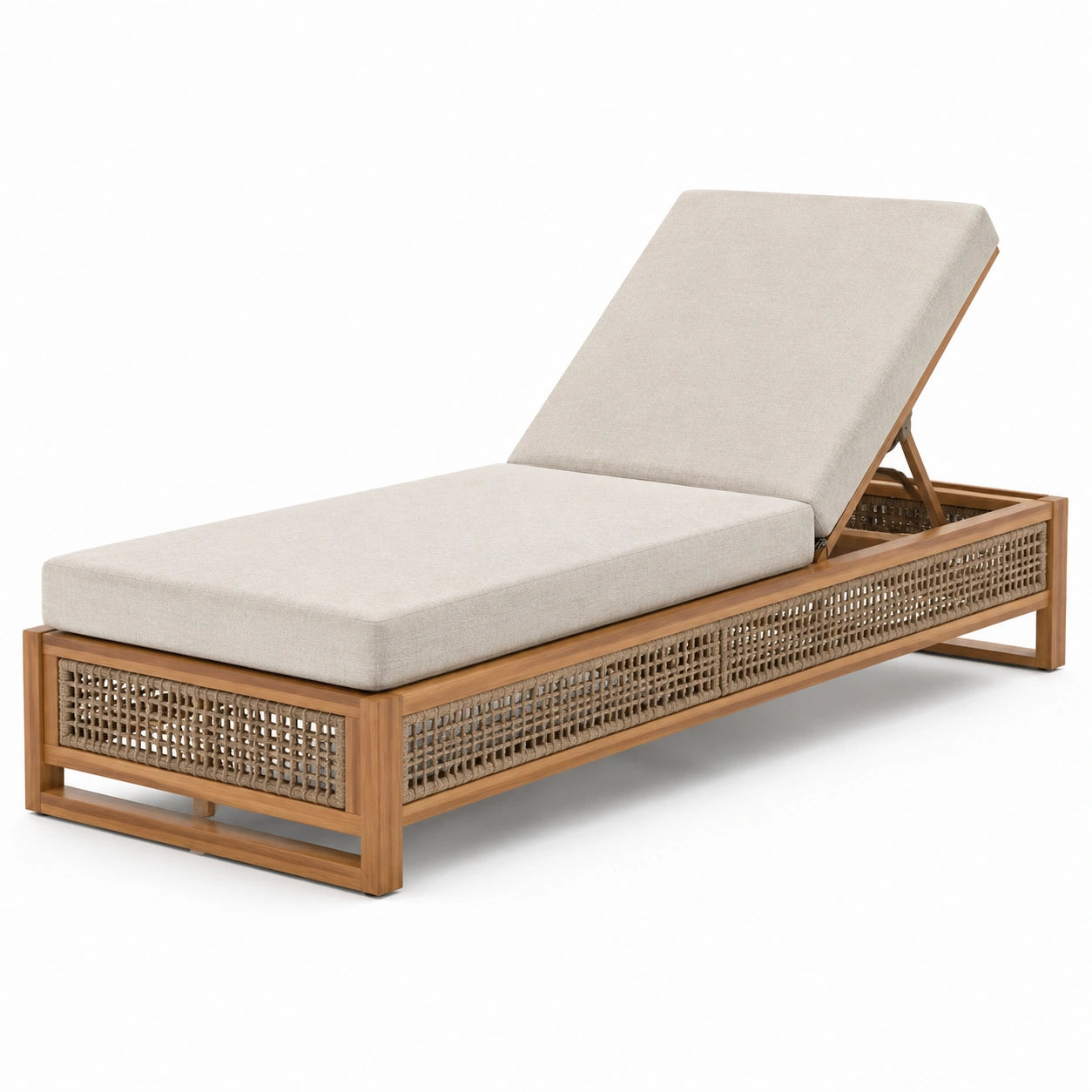 Transat en bois d'acacia et rotin synthétique avec coussins en tissu polyester beige