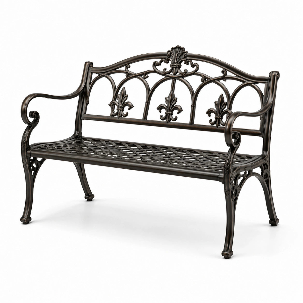 Banc de jardin en métal noir avec motifs décoratifs