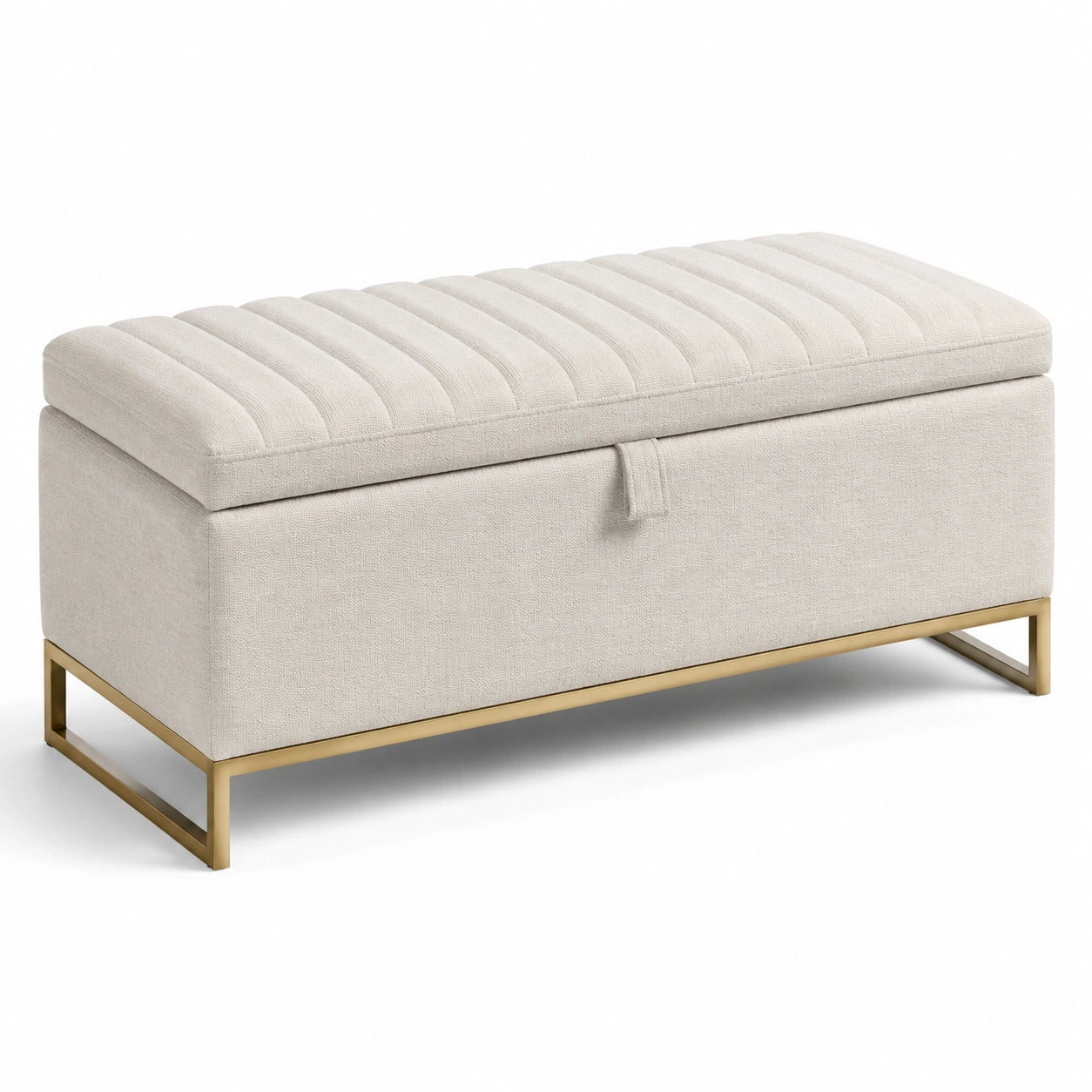 Banc de rangement en tissu beige avec structure en métal doré