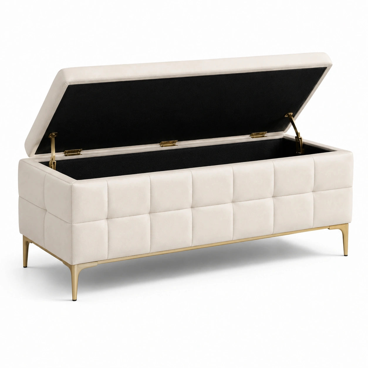 Banquette de rangement en velours avec pieds en métal doré crème