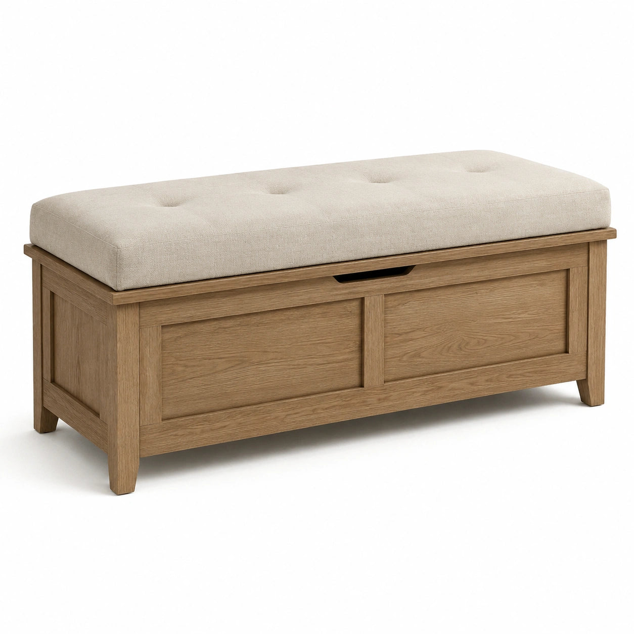 Banc de rangement en chêne avec coussin en lin beige 120x40x45 cm