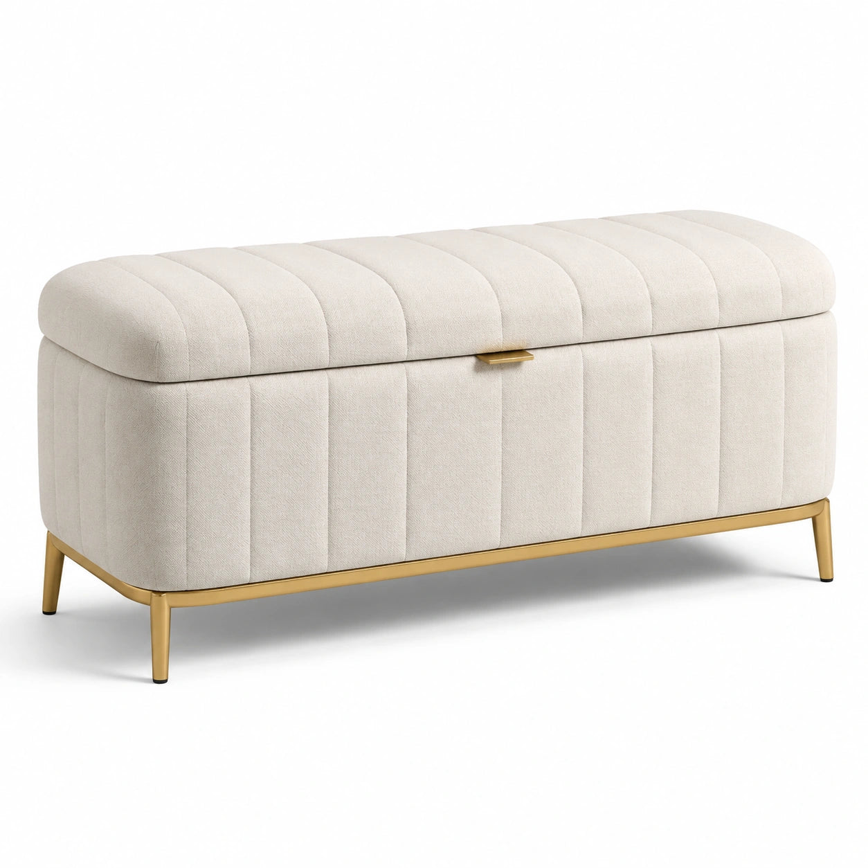 Banc de rangement en tissu lin avec pieds dorés 120 cm beige