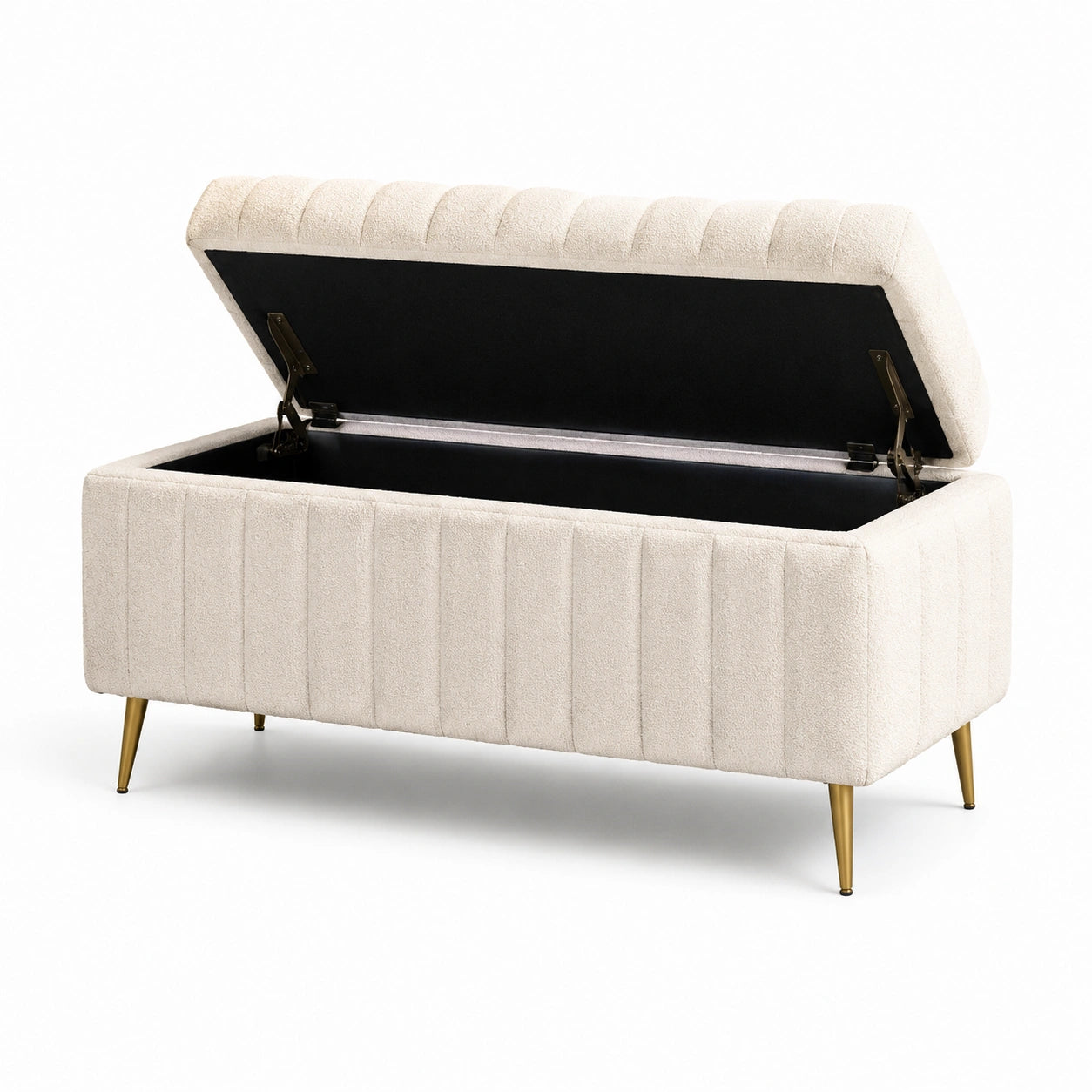 Banc de rangement en tissu beige avec pieds métalliques