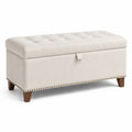 Banc de rangement en lin avec pieds en bois beige 120x45x45 cm