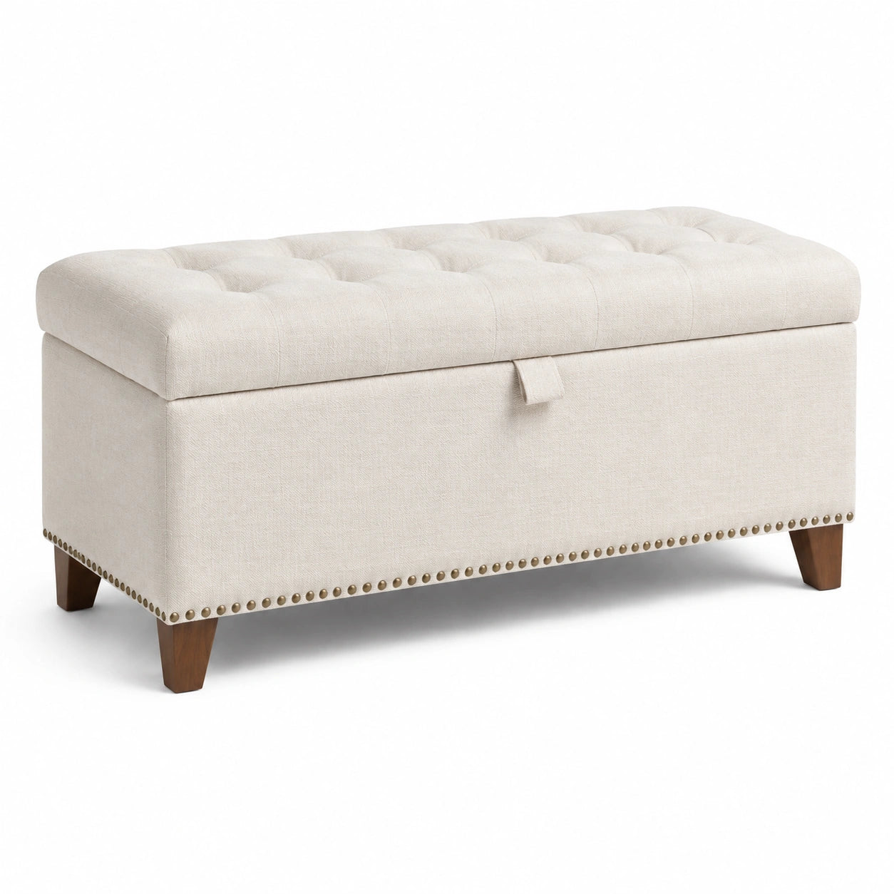 Banc de rangement en lin avec pieds en bois beige 120x45x45 cm