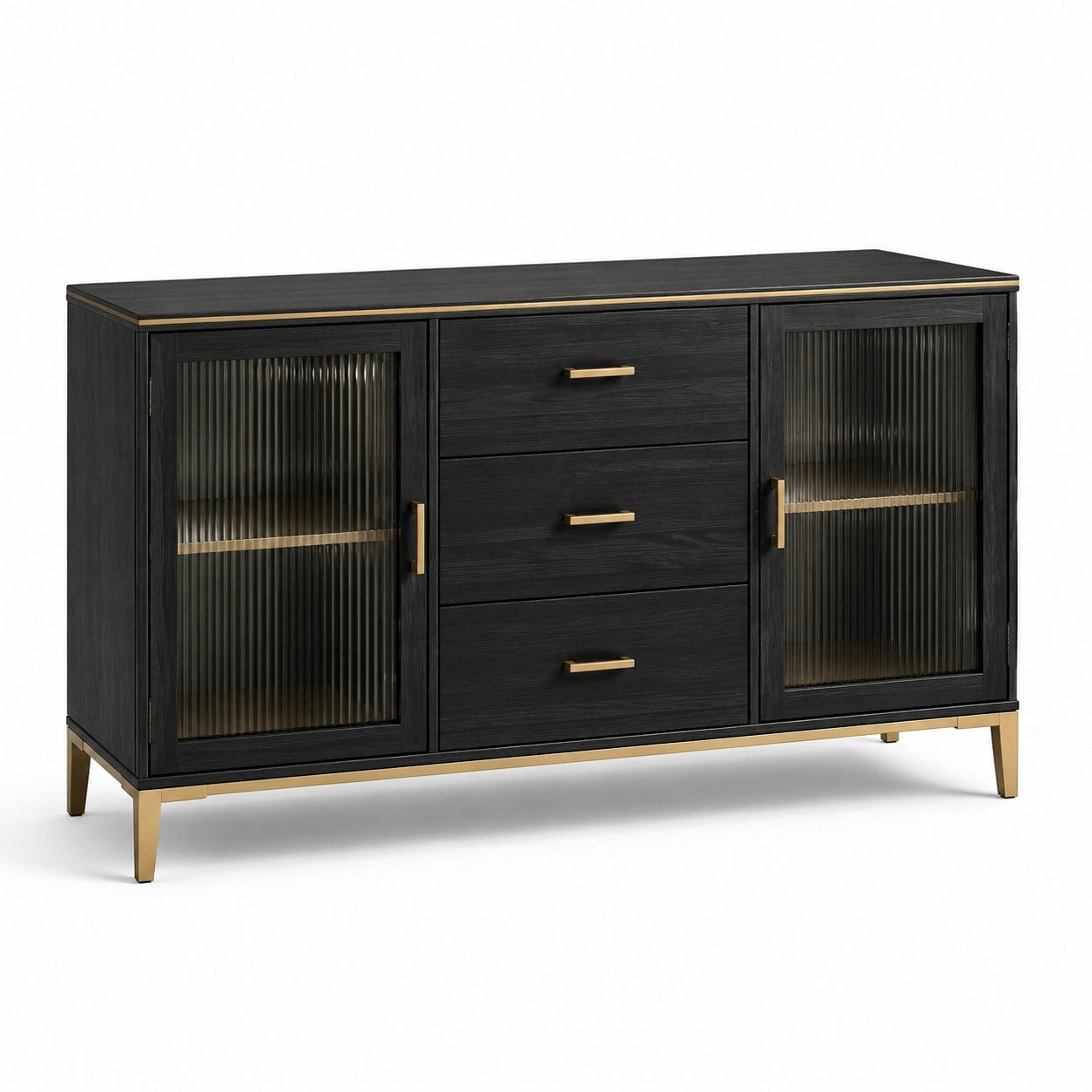 Buffet en bois chêne et métal avec portes en verre texturé noir 160x40x80 cm