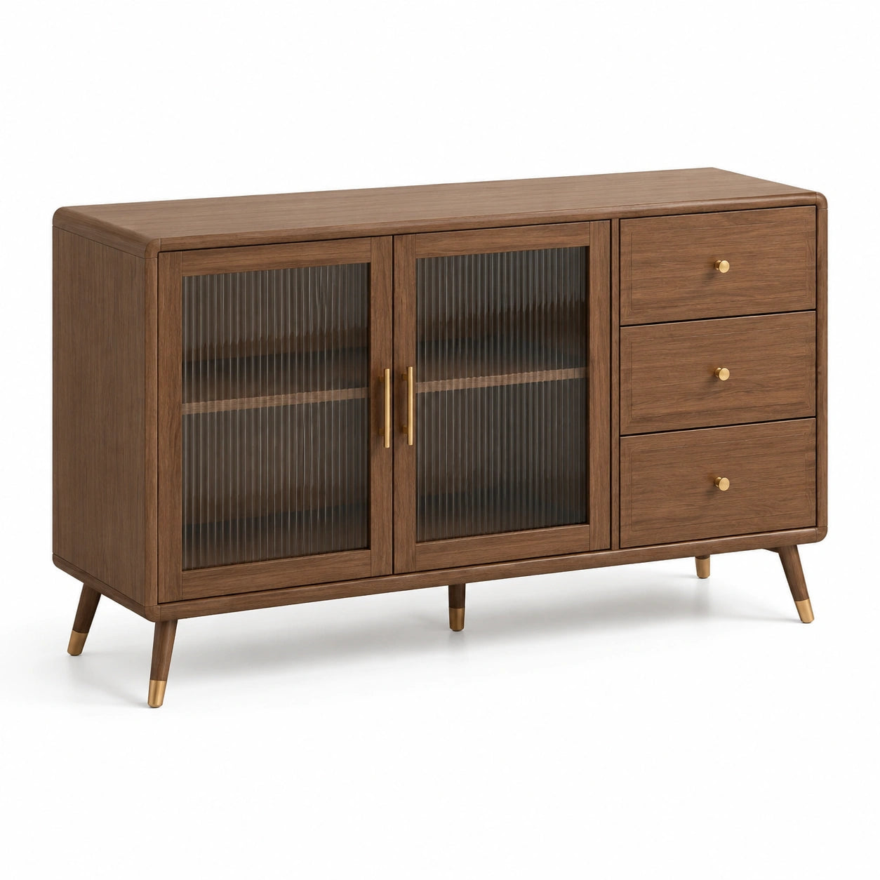 Buffet en bois avec portes en verre cannelé et tiroirs 160x40x85 cm noyer