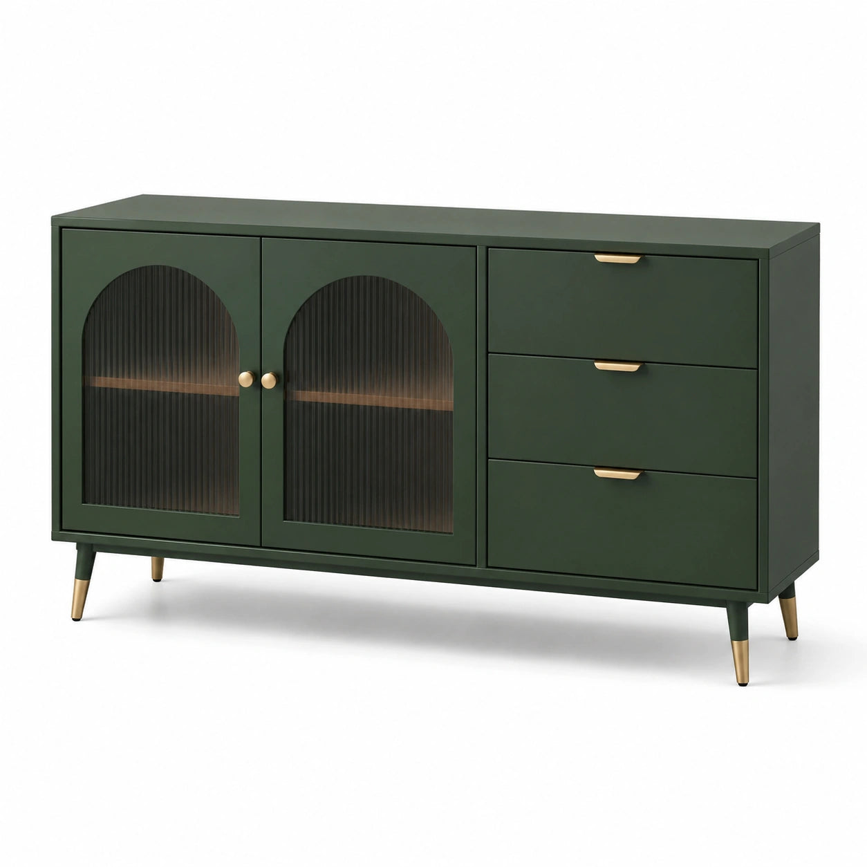 Buffet en bois avec portes en verre et tiroirs verts