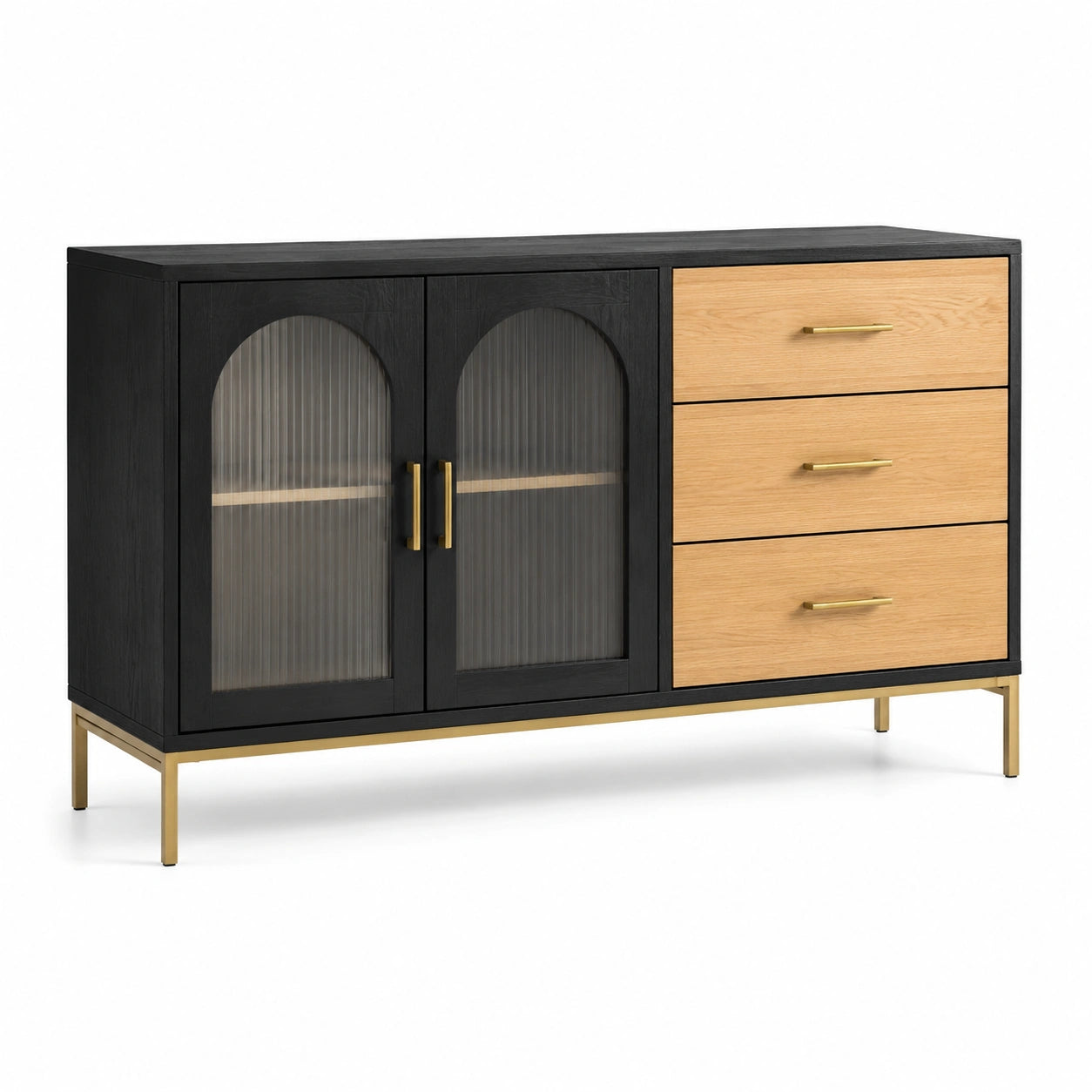 Buffet en bois et métal avec portes en verre et tiroirs 150x45x85cm noir/chêne
