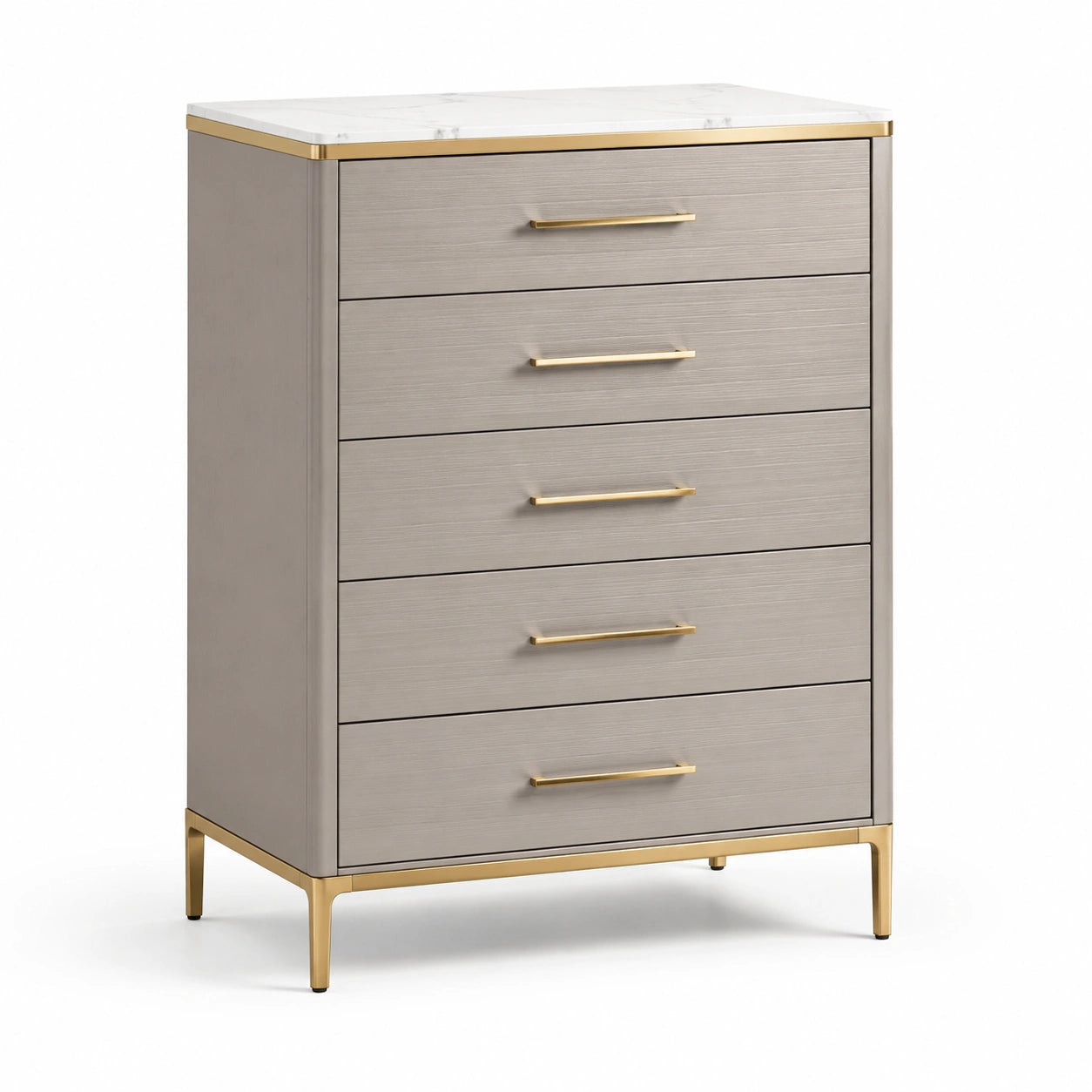 Commode en bois avec dessus en marbre blanc et poignées dorées, 90x45x120cm, beige