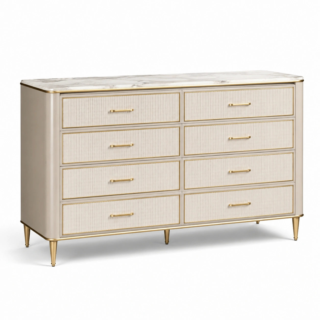 Commode en métal avec plateau en marbre 8 tiroirs beige et doré