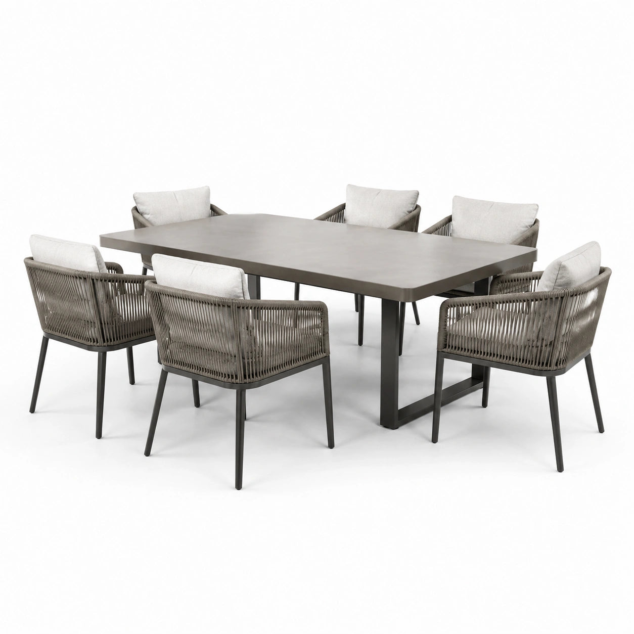 Ensemble de repas de jardin en métal avec plateau en composite et 6 chaises en corde polyester beige