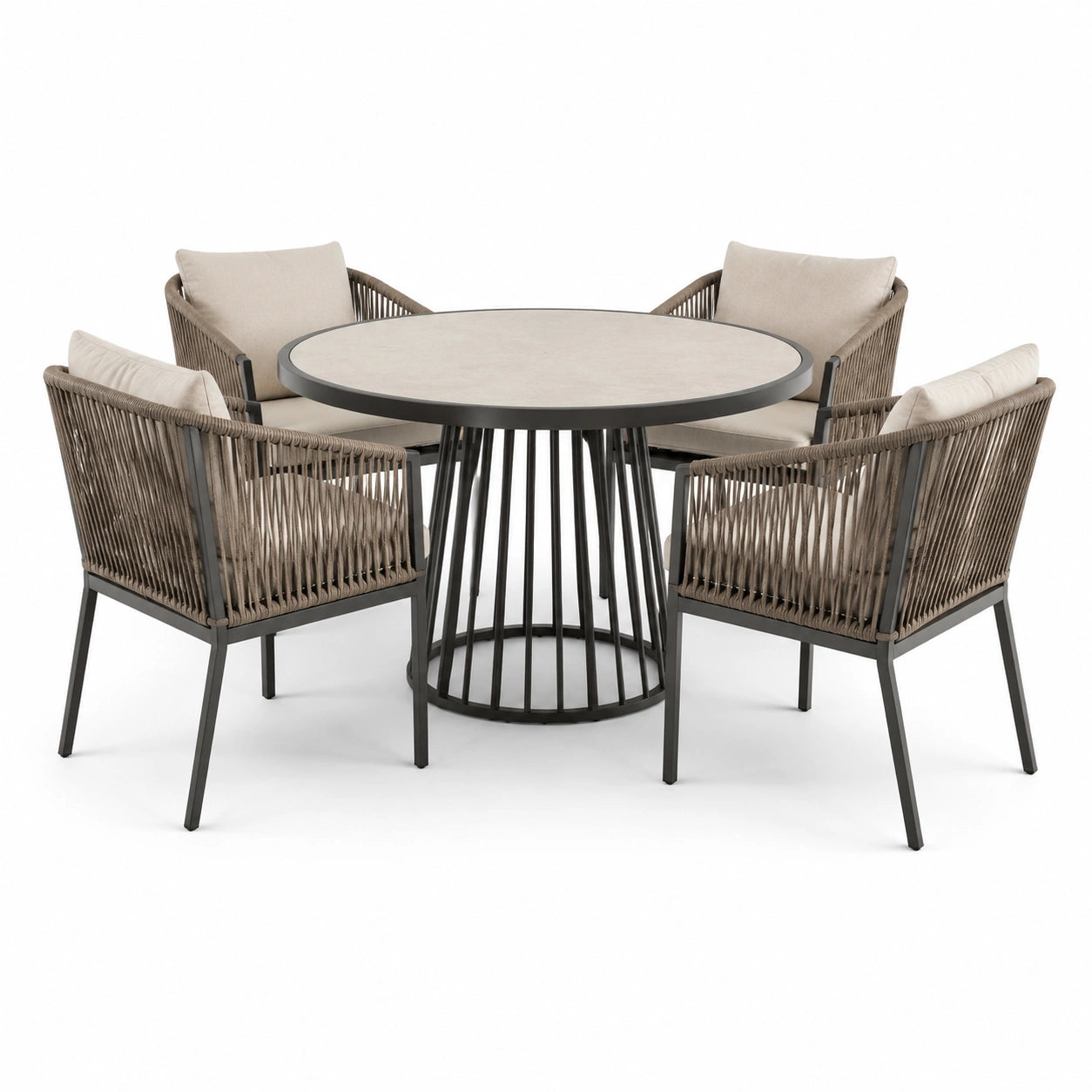 Ensemble de salle à manger d'extérieur en métal et corde avec table ronde