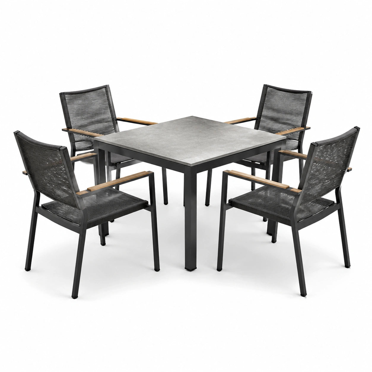 Table carrée de jardin en métal et placage pierre avec 4 chaises en corde et accoudoirs en bois